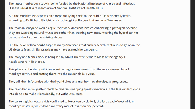 Govt Lab in Maryland Vows To Make Monkeypox Deadlier Than Before. 10272022
